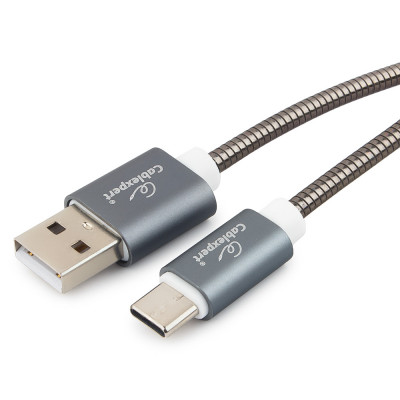 Кабель USB 2.0 A-->C,  1м Cablexpert <CC-G-USBC02Gy-1M>, серия Gold, титан