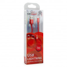 Кабель USB 2.0 A(m) --> Lightning 3м Cablexpert <CC-S-APUSB01R-3M> серия Silver, красный